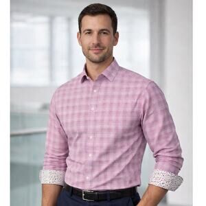 Bugatchi Abstract Cuff Plaid Button Down Dress Shirt XL